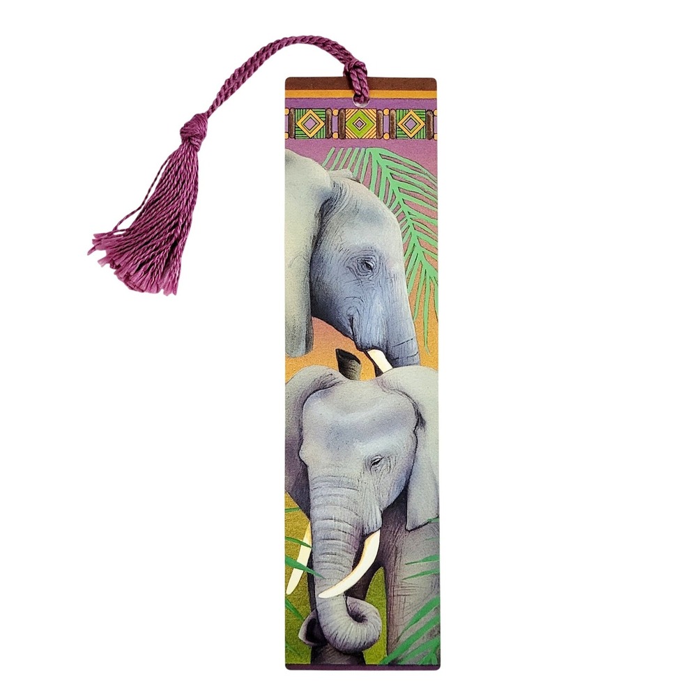 Vintage 80s African Elephants tassel Bookmark Endangered Animals- 1980s Artworks
